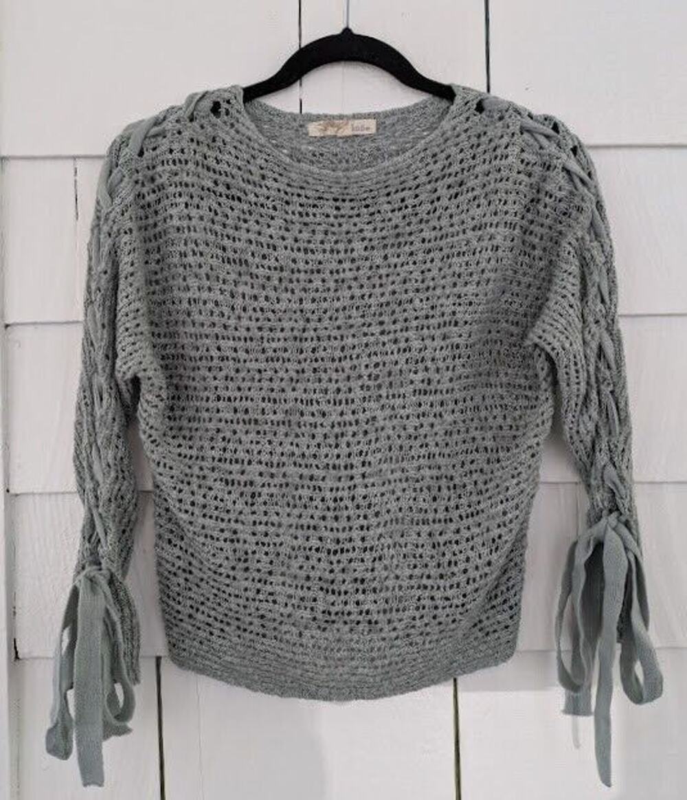 Rewind Juniors S Lace-Up Tie Sleeve Open Knit Sweater Cozy Chic Trendy Statment
